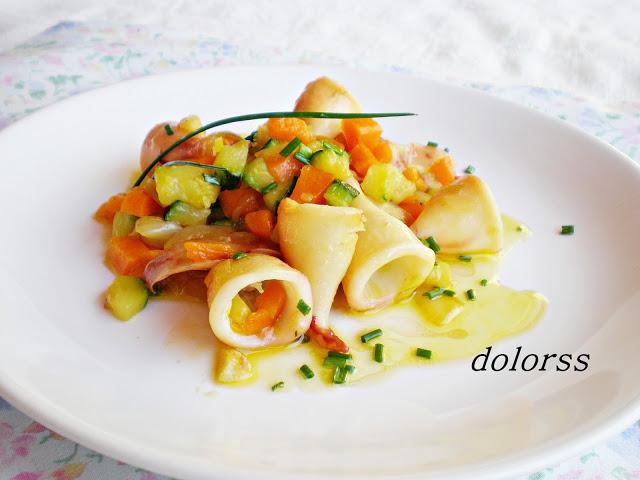 Salteado de puntas de calamar con verduras