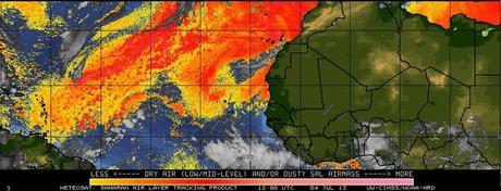 Imagen actual del polvo sahariano. Nótese su llegada hasta la zona del Caribe. Fuente CIMSS