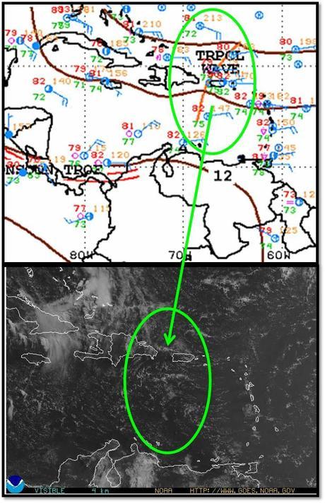 Onda Tropical 12. No ha logrado asociar nubosidad convectiva significante. Arriba el mapa de superficie y la ubicación de su eje. Abajo imagen de espectro visible