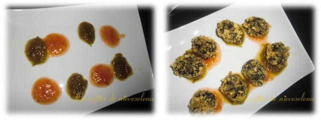 Torreznos de morcilla con mermelada de tomate y pimiento verde