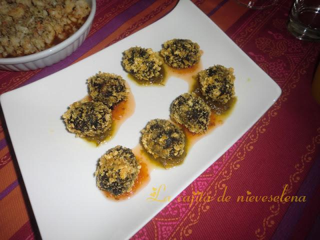 Torreznos de morcilla con mermelada de tomate y pimiento verde