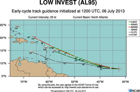 Un disturbio tropical pudiera pasar próximo a El Caribe en los siguientes días aal95_2013070612_track_early