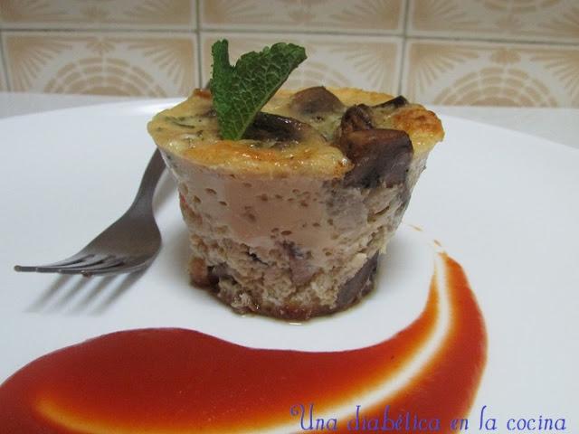 Flan salado de champiñones, queso y langostinos al aroma de menta