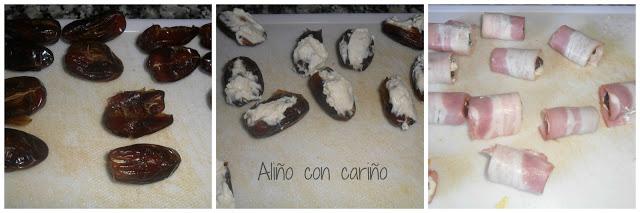 BROCHETAS DE POLLO MARINADO, SALCHICHA COCKTAIL Y DÁTILES RELLENOS CON BACON