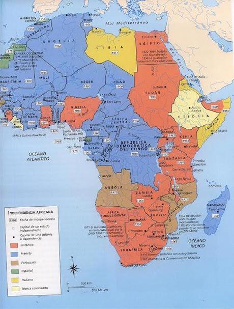 En el siguiente mapa se establece la descolonización de África y, además, con colores podemos corroborar qué metrópolis europea controlaba dicho territorio (creartehistoria)