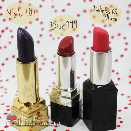 YSL Rouge 101, Dior 999, Deliplus 05 Mate