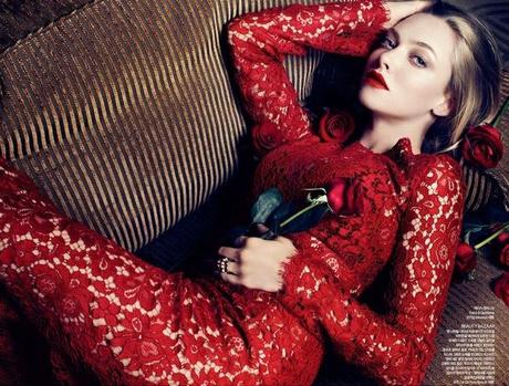 Amanda Seyfried pretty romantic lace ruffles bold red lips editorial Harper's Bazaar Korea photographer Ahn Jooyoung red long sleeve valentino lace dress romantic beauty looks red lipstick cocktail ring