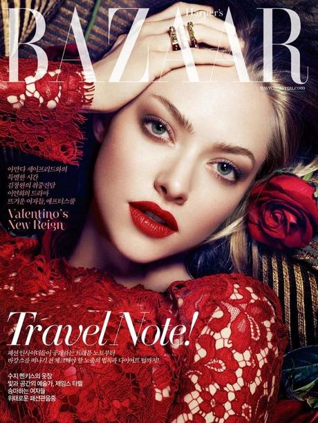 Amanda Seyfried pretty romantic lace ruffles bold red lips editorial Harper's Bazaar Korea photographer Ahn Jooyoung red valentino lace dress romantic beauty looks red lipstick