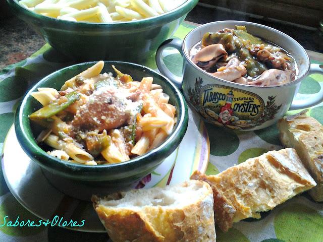 GUISO DE CHIPIRONES Y TIRABEQUES CON TABASCO DE CHILES ROJOS