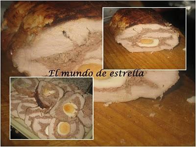 Lomo de cerdo relleno con guarnición de guisantes