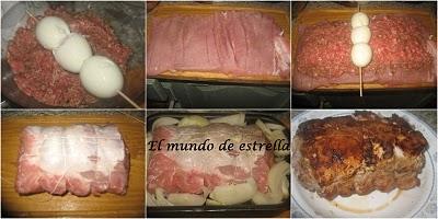 Lomo de cerdo relleno con guarnición de guisantes