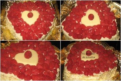 Tarta de chocolate blanco, nata y frambuesas