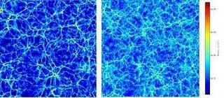 Imágenes de simulación que comparan la densidad del Universo con y sin neutrones masivos