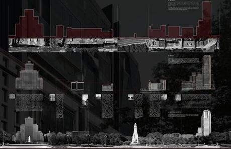 Imágenes nocturnas de la propuesta de hotel en la Plaza España diseñado por A-cero