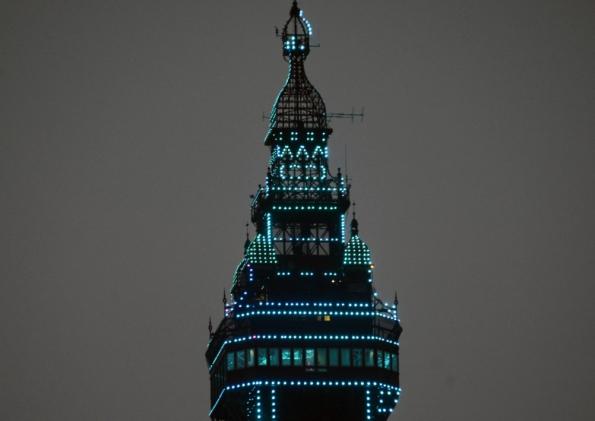 Blackpool Tower lit up blue to celebrate the birth of the Royal baby boy
