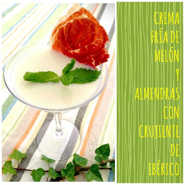 receta: crema fría de melón y almendras con crujiente de ibérico - recipe: cold melon and almonds cream with crispy ibérico