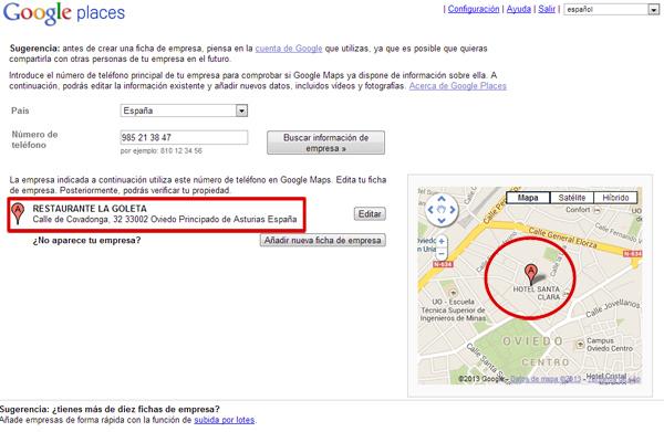 Empresa localizada en Google Maps