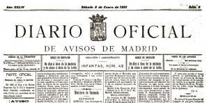 Diario oficial de avisos de Madrid en donde la reina regente isabel, en nombre de su hijo Alfonso XIII firma el Decreto qeu concede el título de 