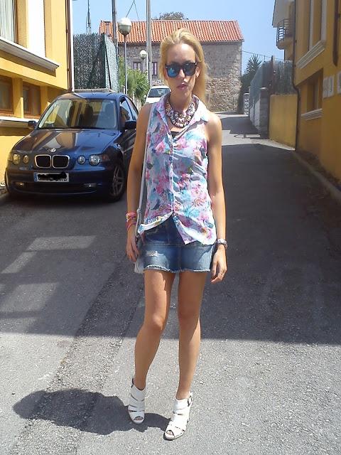 Flowers and denim skirt
