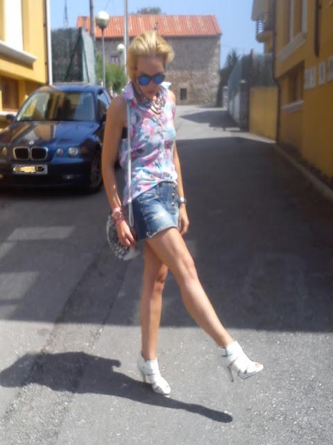 Flowers and denim skirt