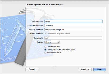 dandole nombre al proyecto de tabbed application en Xcode