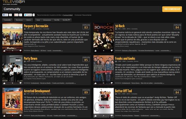 pantallazo con la web de Televisor buscando series similares a Community