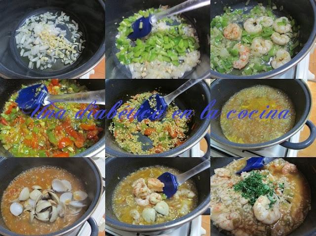 Arroz caldoso con almejas y gambones apto para diabéticos