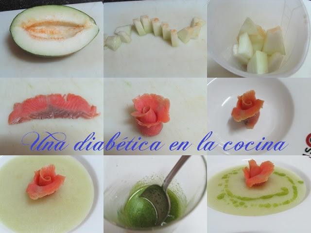 Sopa fría de melón con salmón ahumado y aceite de hierbabuena apta para diabéticos