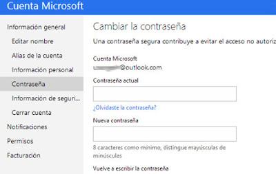 cambiar contraseña outlook