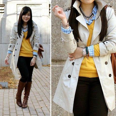 Trench coat, boots and chunky necklace