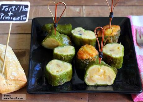 Guarnición de pimientos verdes rellenos de tortilla de patata y trufa. Receta