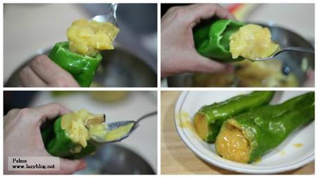 Guarnición de pimientos verdes rellenos de tortilla de patata y trufa. Receta