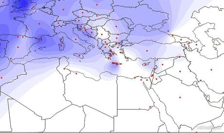 Distribución del ADN mitocondrial de los Minoicos. A mayor intensidad del color azul, mayor afinidad o correspondencia. Como puede observarse, el origen de los Minoicos se hallaría en las costas Atlánticas de Europa o entre Iberia y Francia.