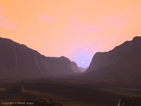 Salida del sol sobre un cañón marciano visto desde la superficie de Marte, planeta terrestre; planeta telúrico, planeta rocoso, óxido de hierro (III), hematita; regolito - Ilustración Espacio de Arte