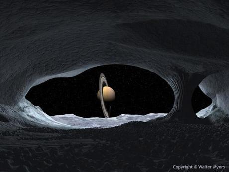 Saturno desde dentro de una cueva de hielo hipotética en la superficie de Japeto, gigante de gas, planeta joviano, anillos planetarios; sistema de anillos; esferoide achatado - Ilustración Espacio de Arte