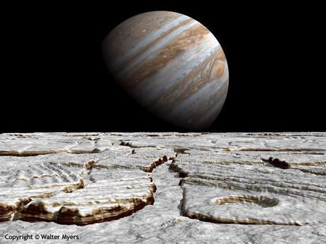 Júpiter seenr de la superficie de Europa, flexión de la marea, la tectónica de placas; lineae; caos terreno, las ondas de Rossby, gigante de gas, planeta joviano - Ilustración Espacio de Arte