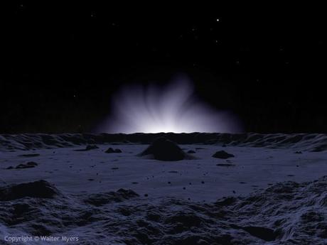 Crepúsculo en Mercurio con deslumbrante corona solar aparece sobre las montañas distantes; planeta más interior, planeta terrestre; planeta telúrico, planeta rocoso - Ilustración Espacio de Arte