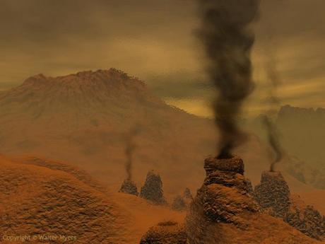 Un valle volcánico activo en la superficie de Venus, con fumarolas de fumar; centelleo por el calor, calima, planeta terrestre; planeta telúrico, planeta rocoso, el efecto invernadero desbocado - Ilustración Espacio de Arte