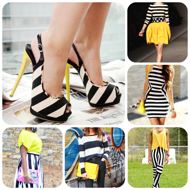 NOTD: Uñas de moda amarillas con rayas blancas y negras.