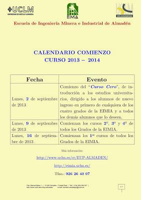 Calendario comienzo curso EIMIA 2013-2014