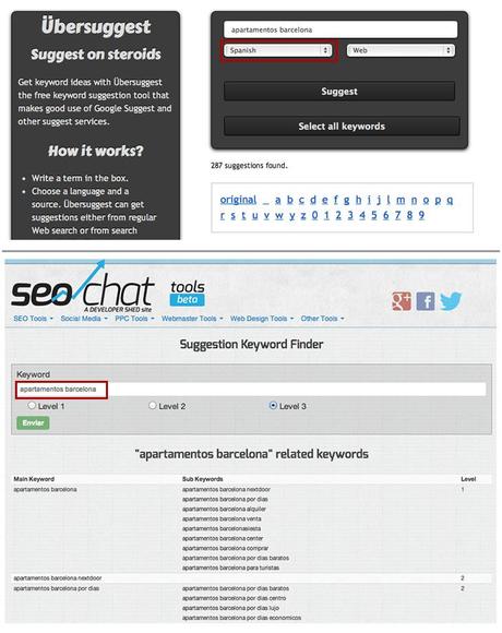 Ubersuggest y SEOchat Buscador de sugerencias de palabras clave