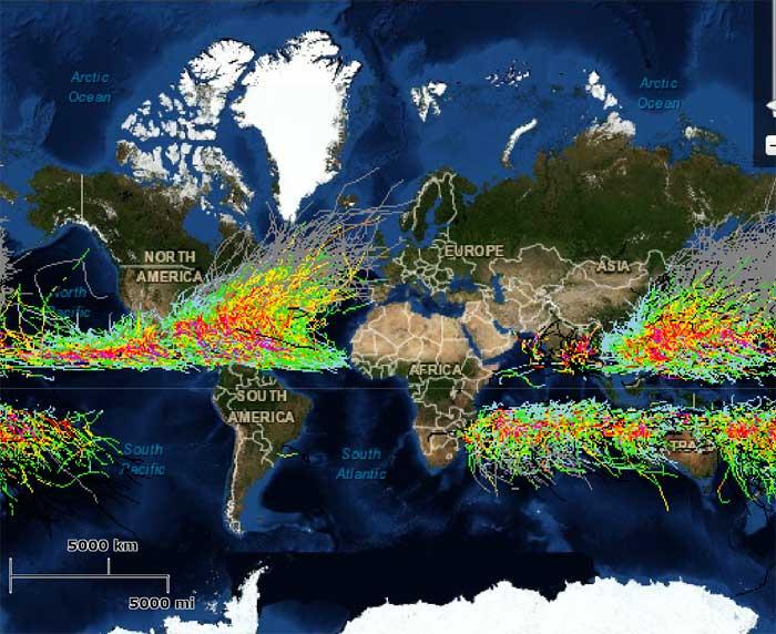 mapa de huracanes desde 1842