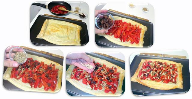 Hojaldre de pimientos rojos fritos con pasas, pipas y piñones