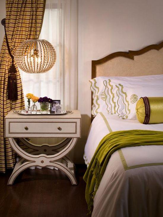 Love the bedside pendants and side table