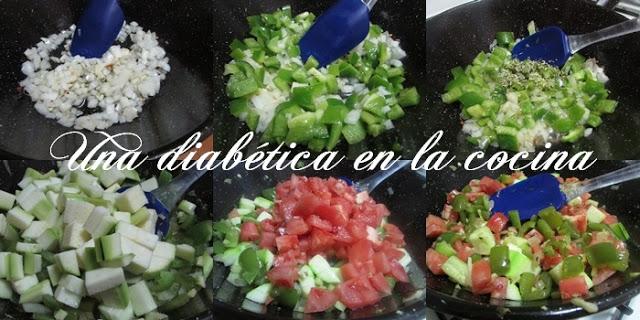 Pisto con huevo escalfado con el conteo de raciones para diabéticos