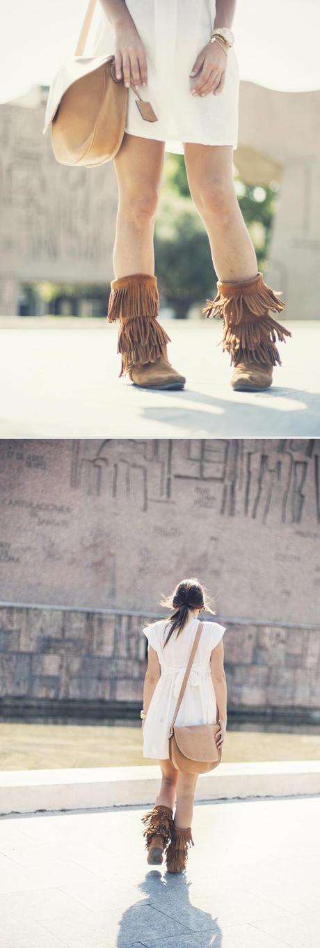 street style barbara crespo sun flare sheinside dress minnetonka boots outfit