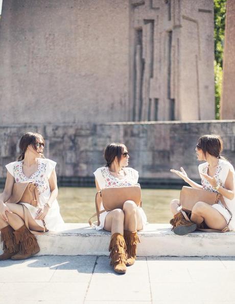 street style barbara crespo sun flare sheinside dress minnetonka boots outfit