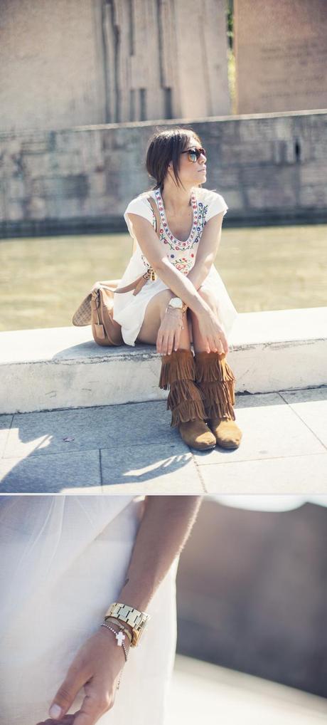 street style barbara crespo sun flare sheinside dress minnetonka boots outfit