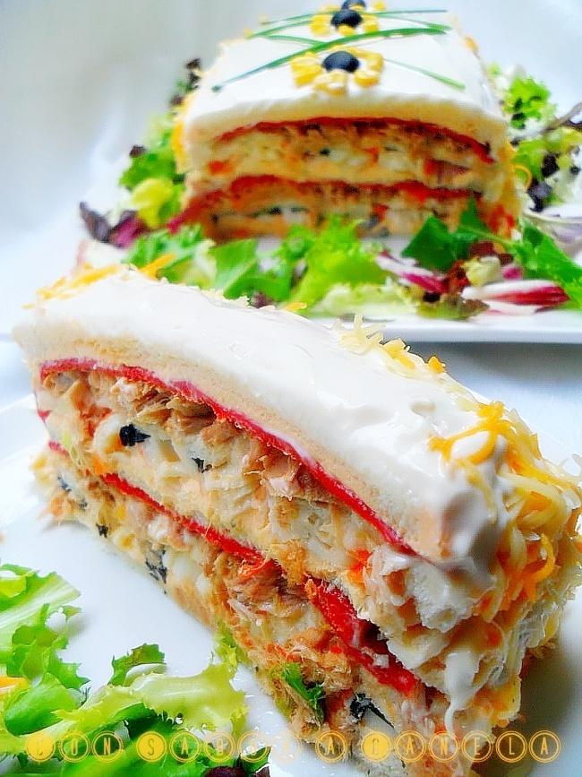 Pastel salado de salmón, surimi y atún