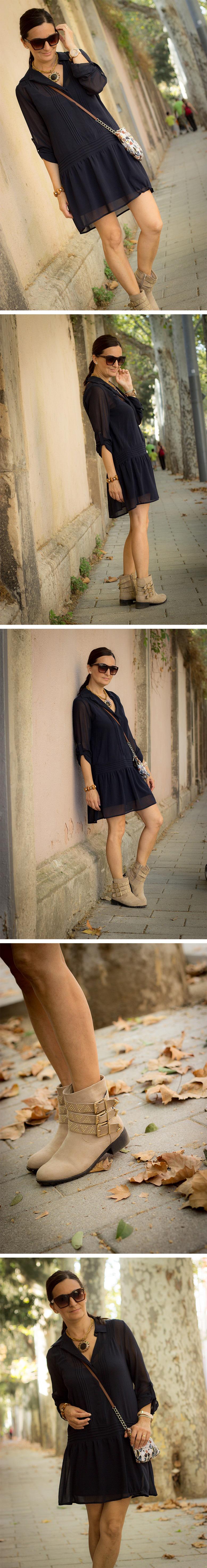 Azul marino y complementos en marrón